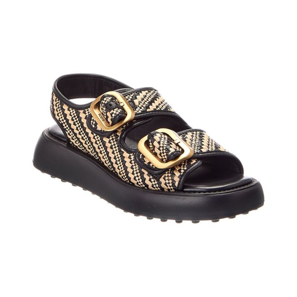 Tod's Double Buckle Raffia & Leather Flat Sandal, Black